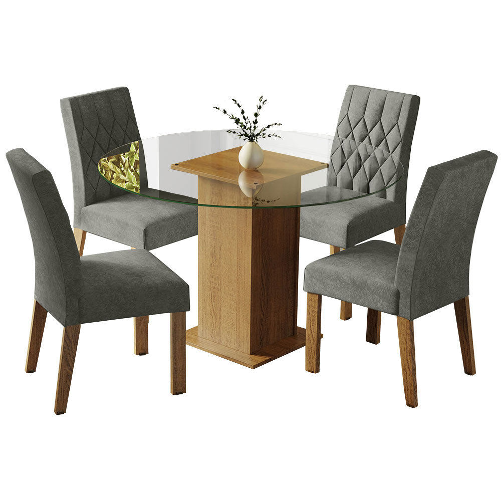 Conjunto Sala de Jantar Mesa Tampo de Vidro Redondo 4 Cadeiras Rustic/Silver Irene Madesa