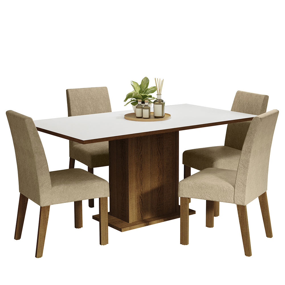 Conjunto Sala de Jantar Mesa Tampo de Madeira 4 Cadeiras Rustic/Branco/Imperial Keila Madesa