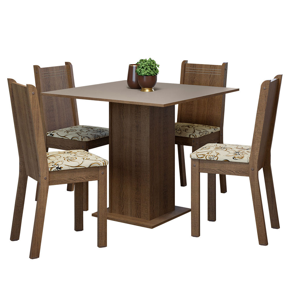 Conjunto Sala de Jantar Mesa Tampo de Madeira 4 Cadeiras Rustic/Crema/Lírio Bege Samara Madesa