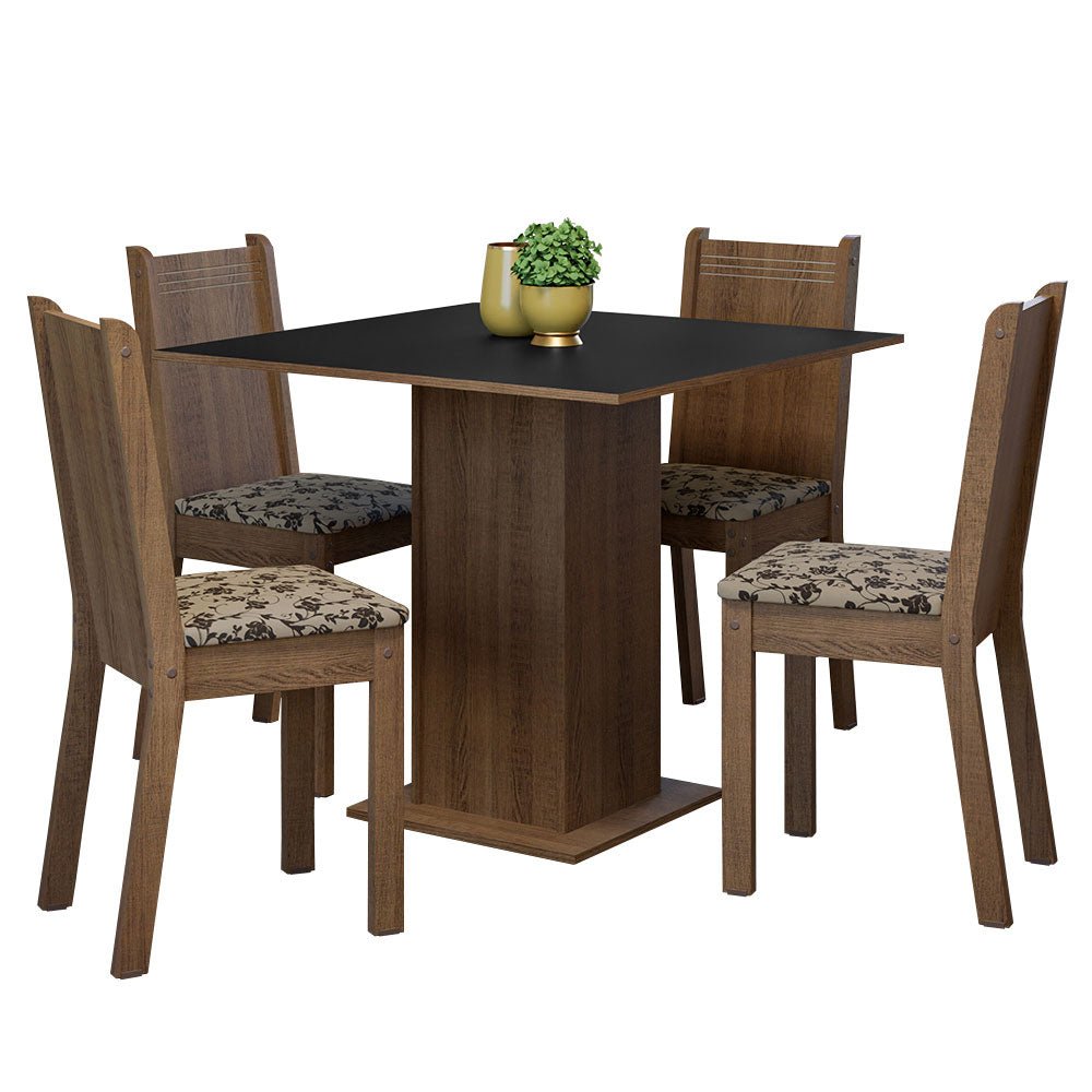 Conjunto Sala de Jantar Mesa Tampo de Madeira 4 Cadeiras Rustic/Preto/Bege Marrom Samara Madesa