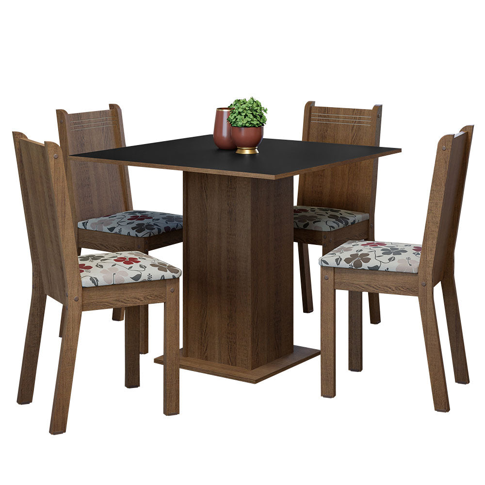 Conjunto Sala de Jantar Mesa Tampo de Madeira 4 Cadeiras Rustic/Preto/Floral Hibiscos Samara Madesa