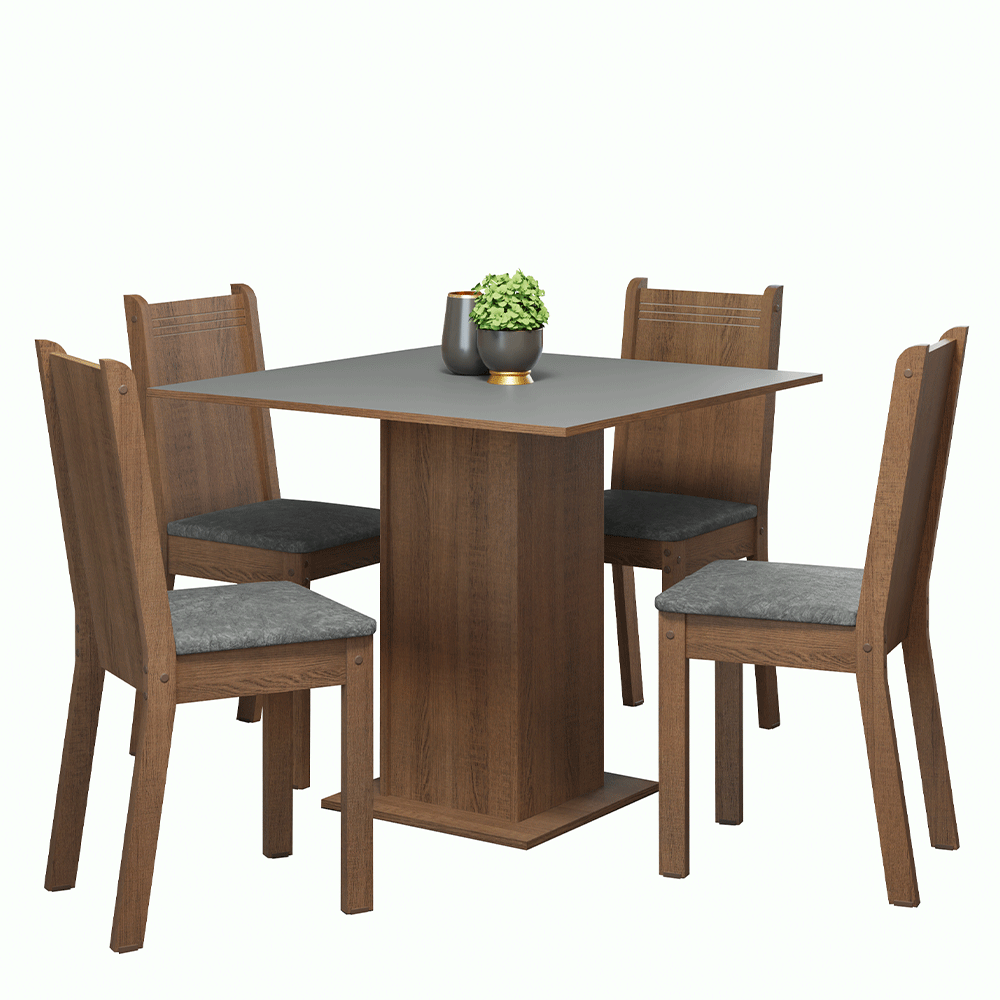 Conjunto Sala de Jantar Mesa Tampo de Madeira 4 Cadeiras Rustic/Cinza/Silver Samara Madesa
