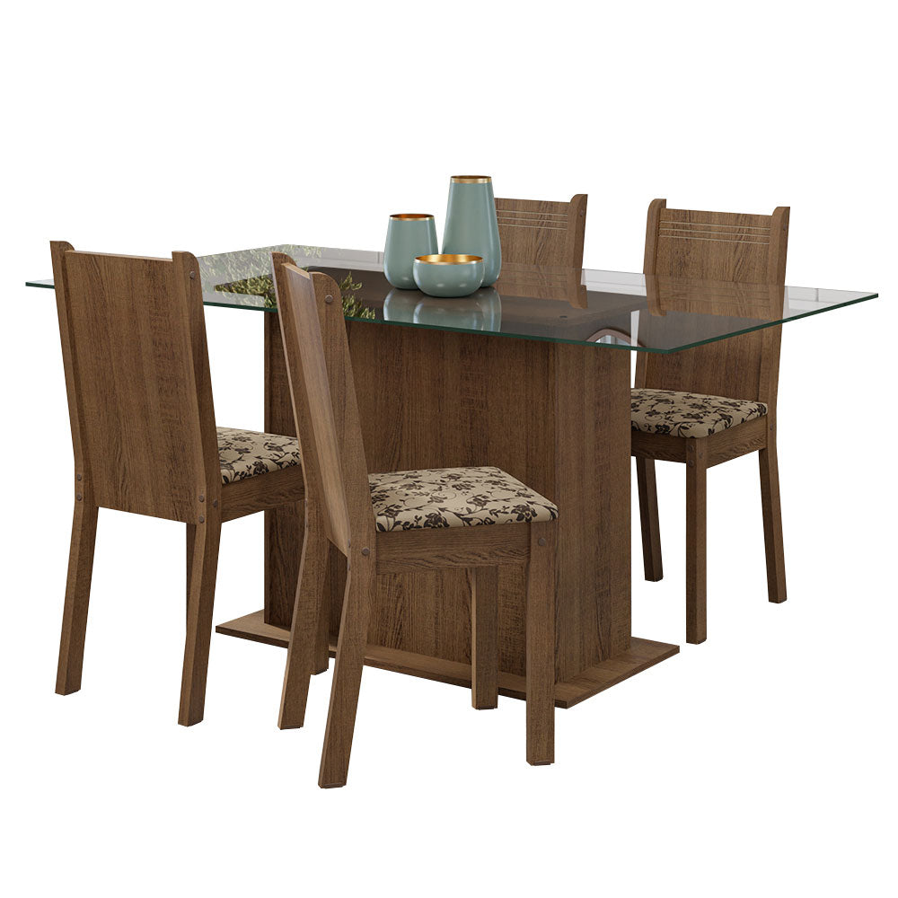Conjunto Sala de Jantar Mesa Tampo de Vidro 4 Cadeiras Rustic/Bege Marrom Espanha Madesa