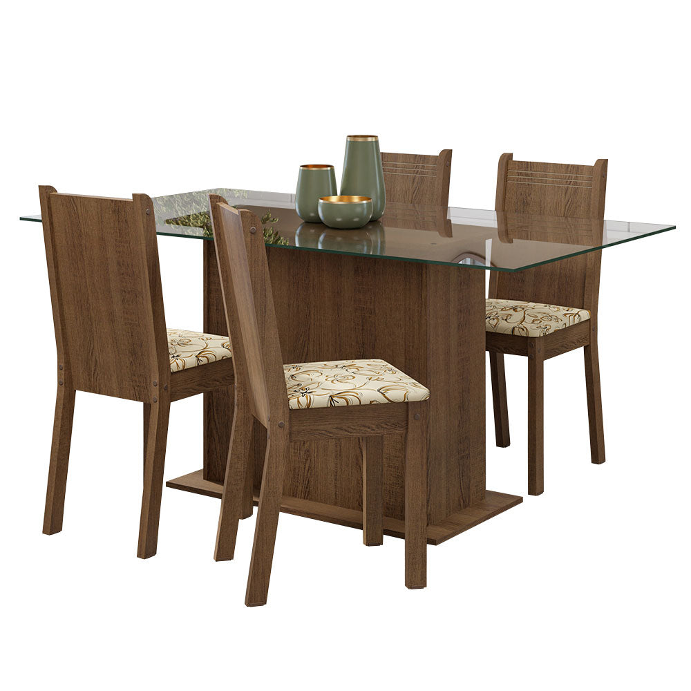 Conjunto Sala de Jantar Mesa Tampo de Vidro 4 Cadeiras Rustic/Lírio Bege Espanha Madesa