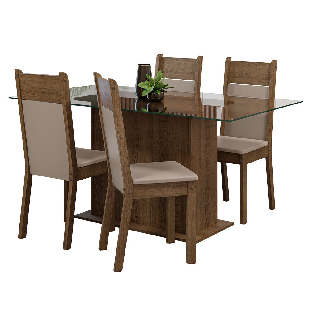 Conjunto Sala de Jantar Mesa Tampo de Vidro 4 Cadeiras Rustic/Crema/Sintético Bege Savana Madesa