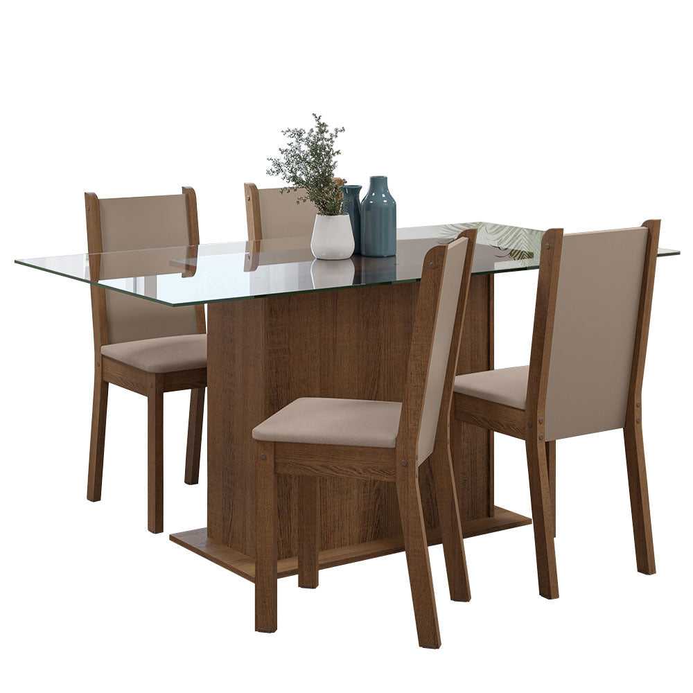 Conjunto Sala de Jantar Mesa Tampo de Vidro 4 Cadeiras Rustic/Crema/Sintético Bege Yara Madesa