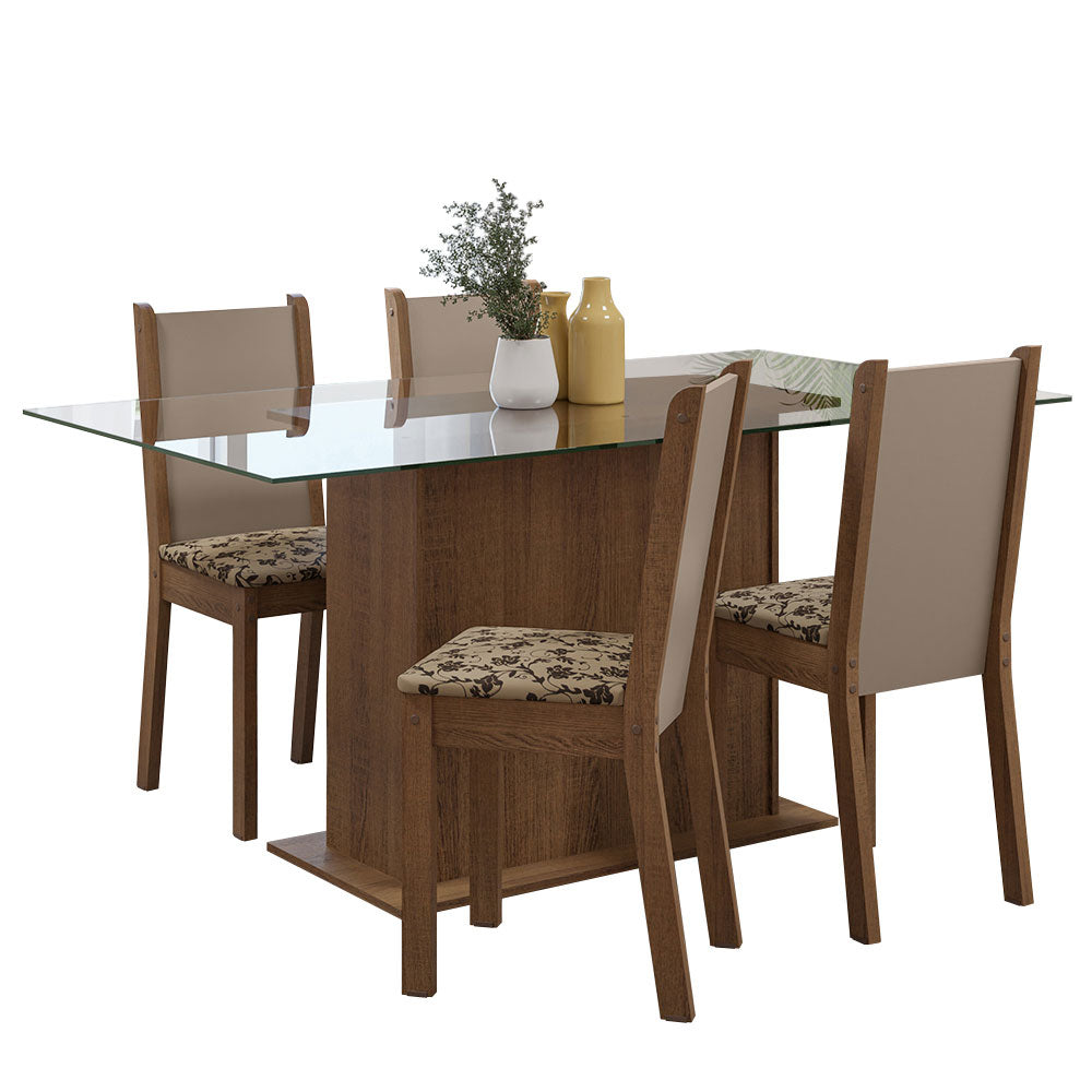 Conjunto Sala de Jantar Mesa Tampo de Vidro 4 Cadeiras Rustic/Crema/Bege Marrom Yara Madesa