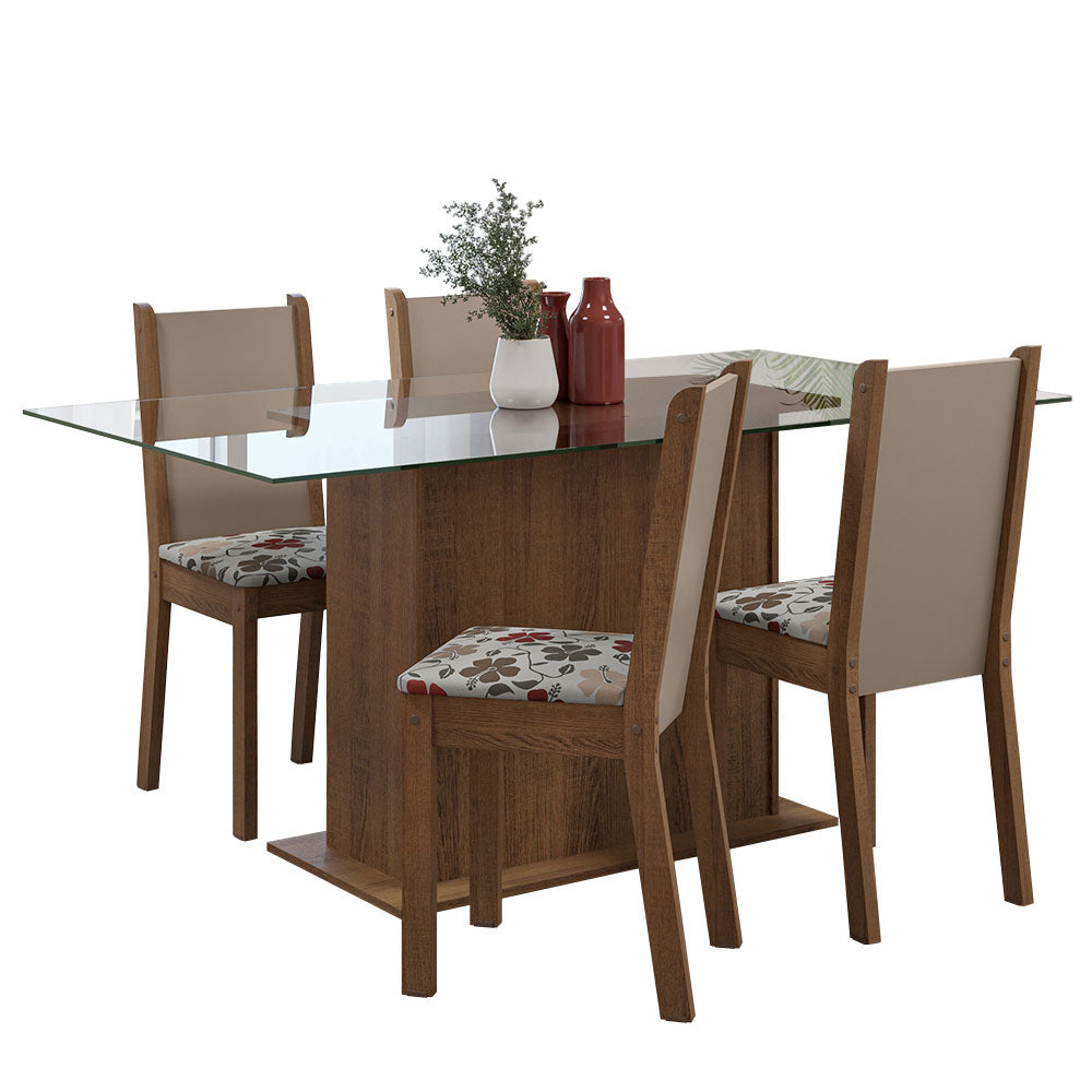Conjunto Sala de Jantar Mesa Tampo de Vidro 4 Cadeiras Rustic/Crema/Floral Hibiscos Yara Madesa