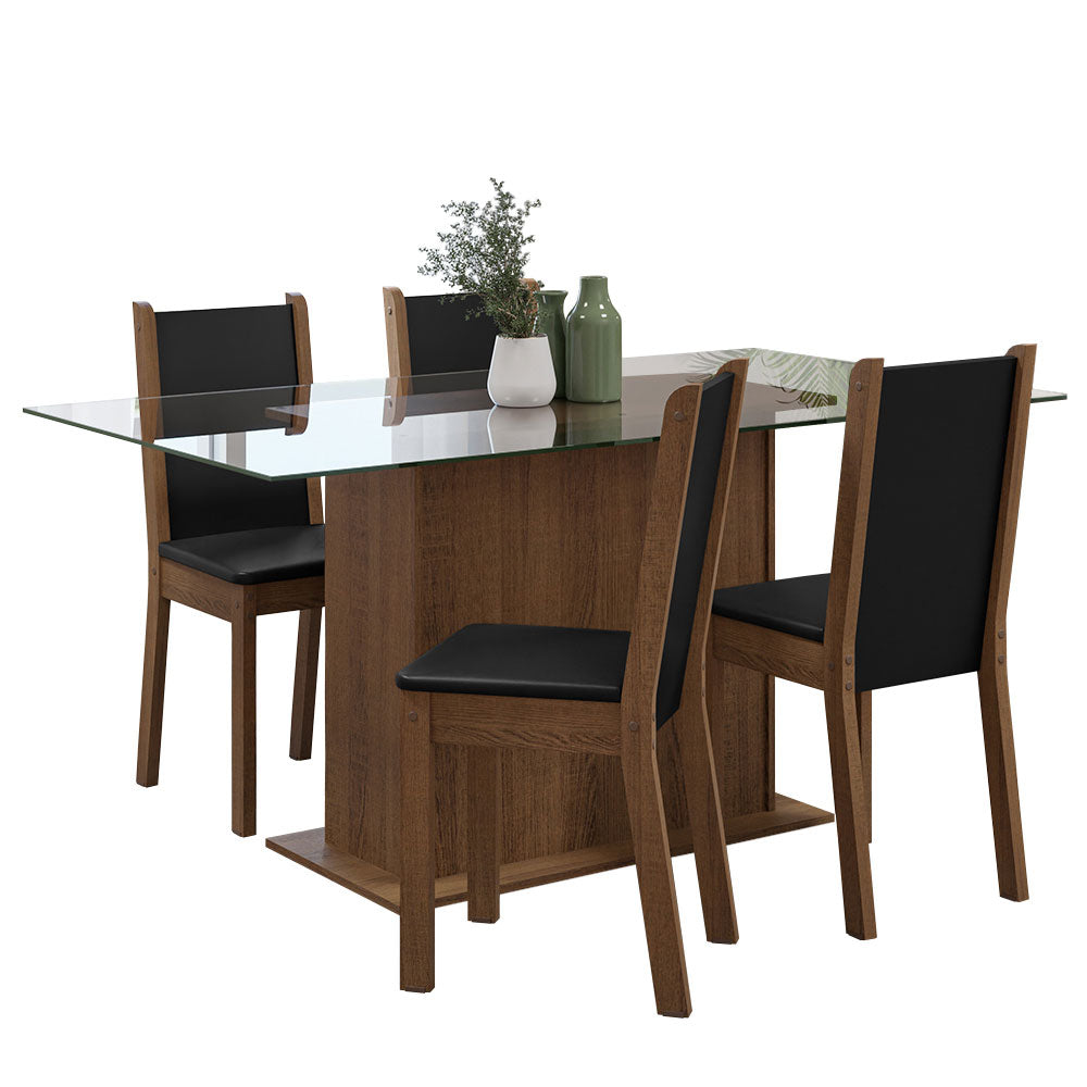 Conjunto Sala de Jantar Mesa Tampo de Vidro 4 Cadeiras Rustic/Preto Yara Madesa