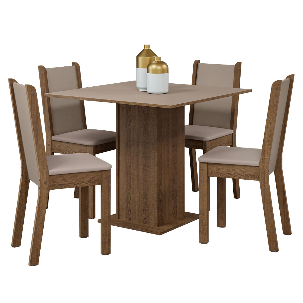 Conjunto Sala de Jantar Mesa Tampo de Madeira 4 Cadeiras Rustic/Crema/Sintético Bege Briana Madesa