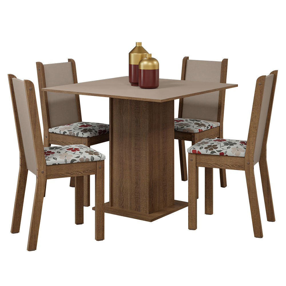 Conjunto Sala de Jantar Mesa Tampo de Madeira 4 Cadeiras Rustic/Crema/ Hibiscos Briana Madesa