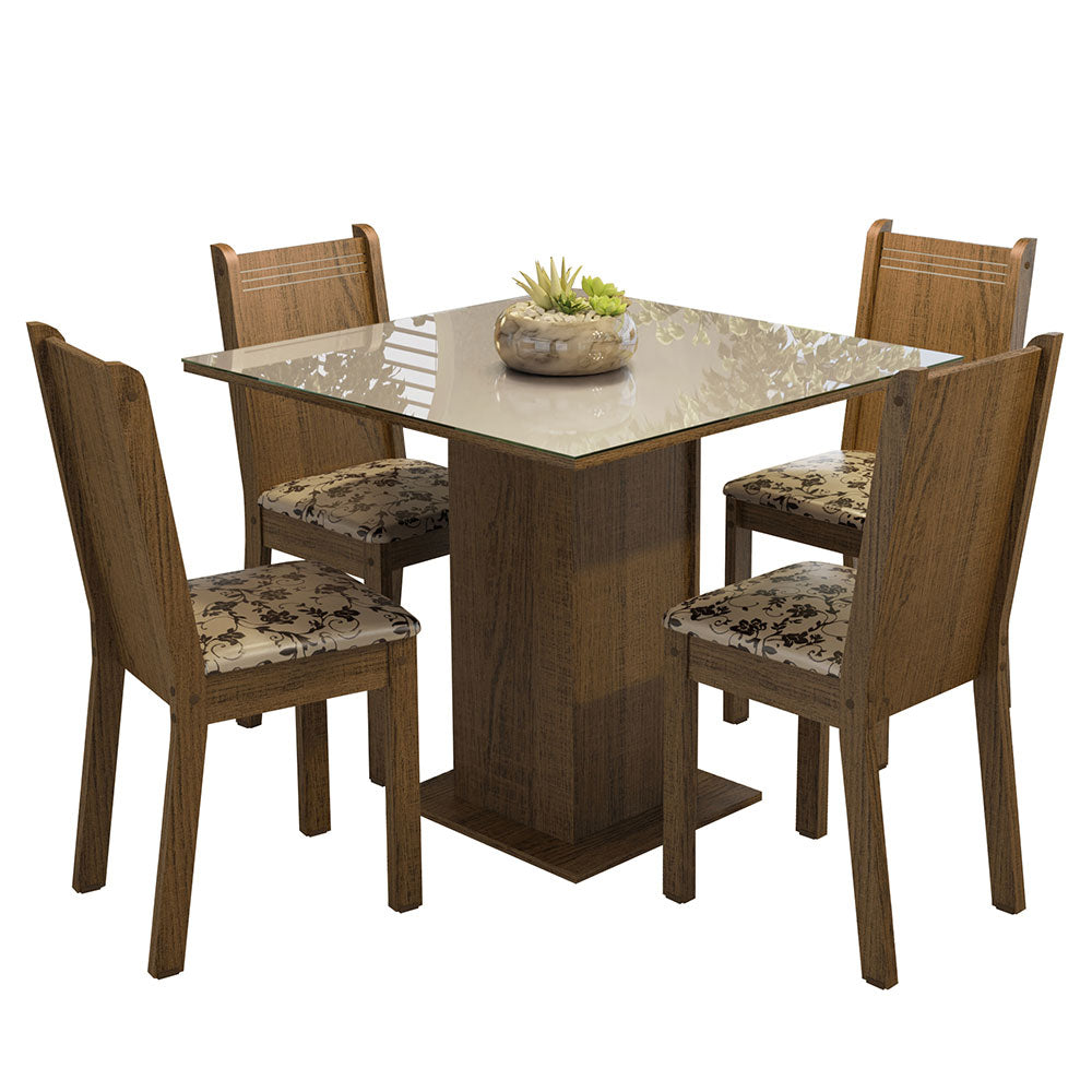 Conjunto Sala de Jantar Mesa Tampo de Vidro 4 Cadeiras Rustic/Crema/Bege Marrom Perla Madesa