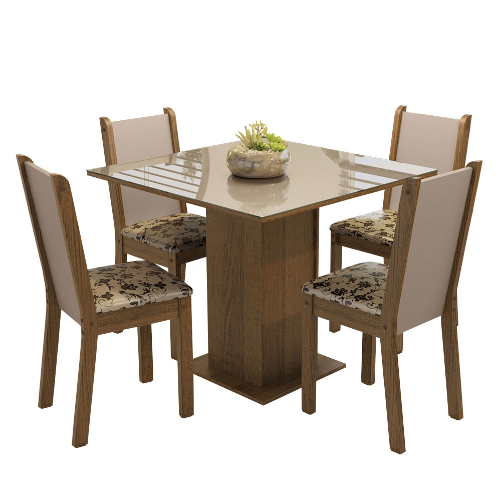 Conjunto Sala de Jantar Mesa Tampo de Vidro 4 Cadeiras Rustic/Crema/Bege Marrom Tifani Madesa