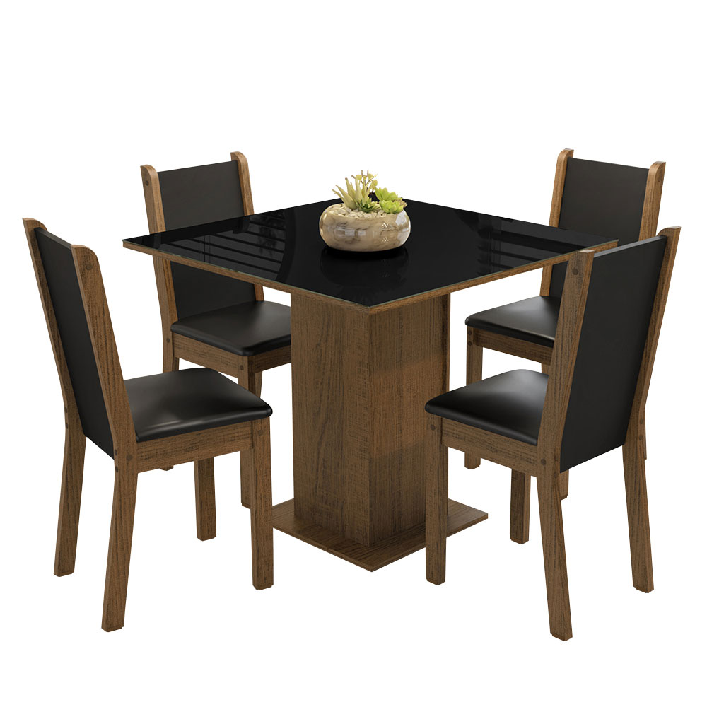 Conjunto Sala de Jantar Mesa Tampo de Vidro 4 Cadeiras Rustic/Preto Tifani Madesa