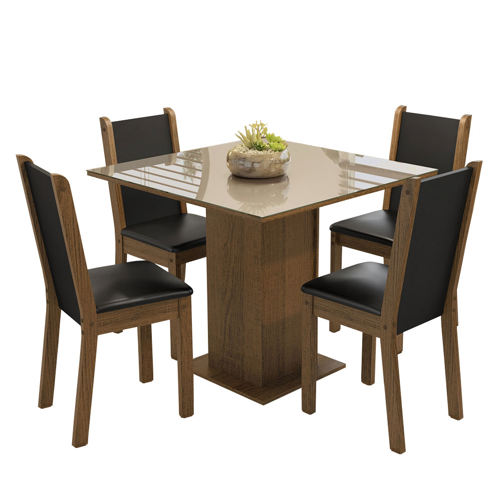 Conjunto Sala de Jantar Mesa Tampo de Vidro 4 Cadeiras Rustic/Crema/Preto Tifani Madesa
