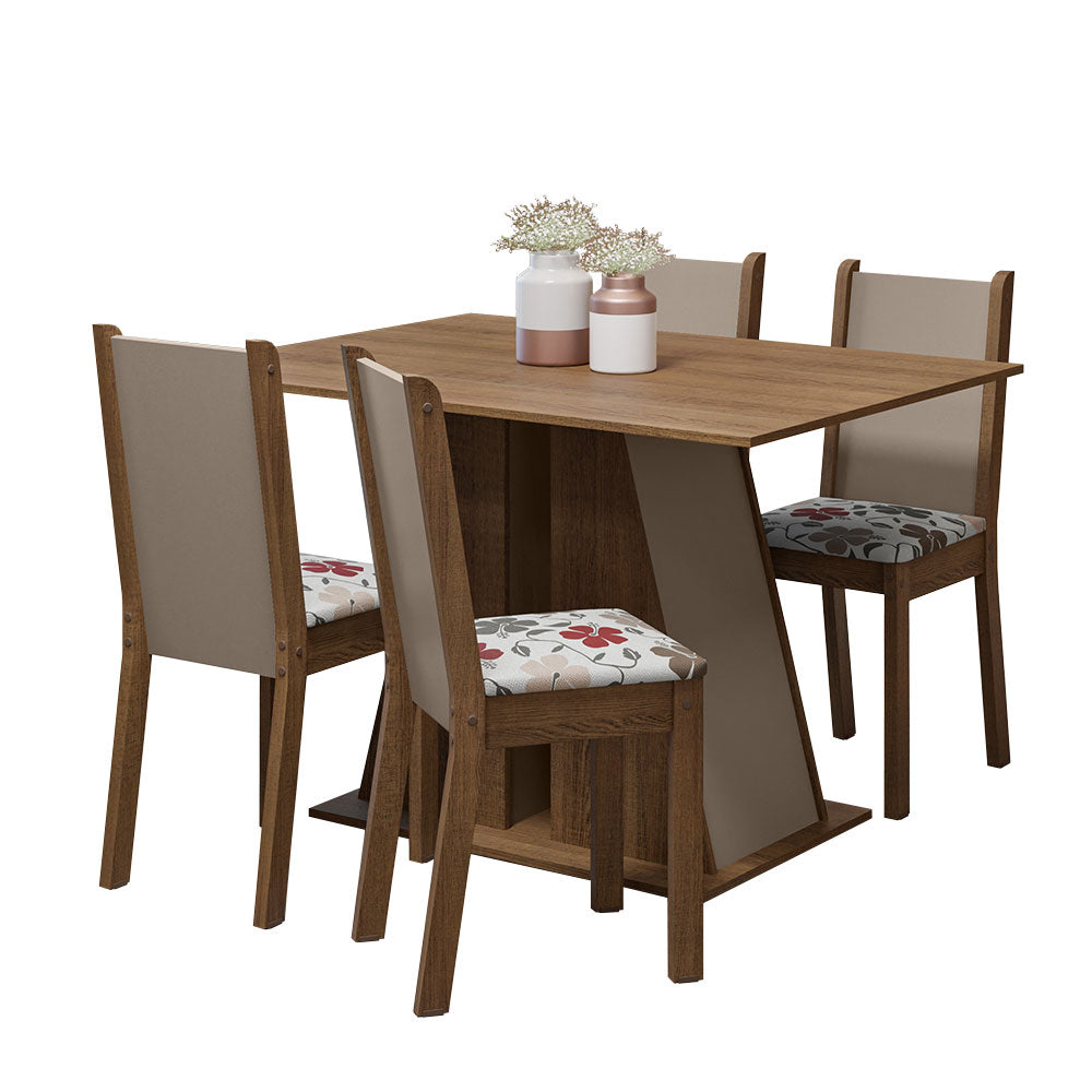 Conjunto Sala de Jantar Mesa Tampo de Madeira 4 Cadeiras Rustic/Crema/Hibiscos Sophie Madesa
