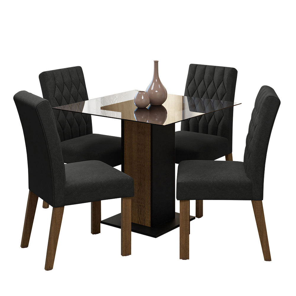 Conjunto Sala de Jantar Mesa Tampo de Vidro 4 Cadeiras Rustic/Preto/Oxford Noemi Madesa