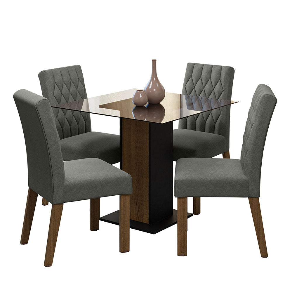 Conjunto Sala de Jantar Mesa Tampo de Vidro 4 Cadeiras Rustic/Preto/Silver Noemi Madesa