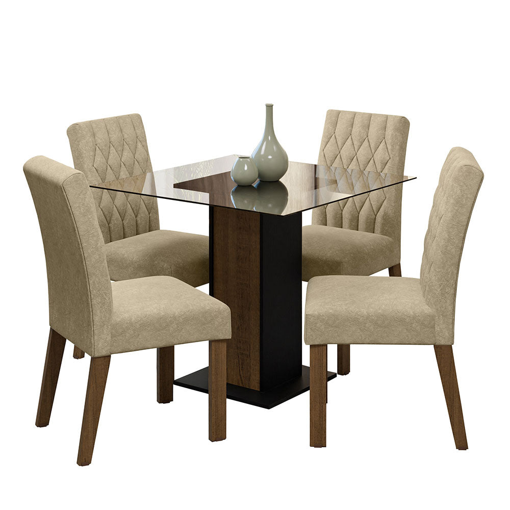 Conjunto Sala de Jantar Mesa Tampo de Vidro 4 Cadeiras Rustic/Preto/Imperial Noemi Madesa