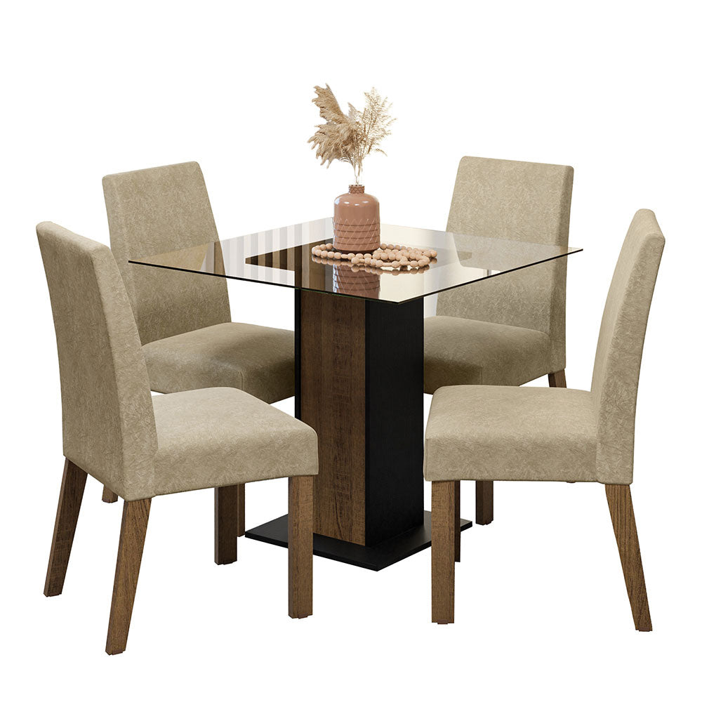 Conjunto Sala de Jantar Mesa Tampo de Vidro 4 Cadeiras Rustic/Preto/Imperial Ivy Madesa