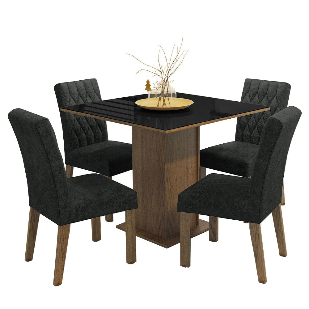 Conjunto Sala de Jantar Mesa Tampo de Vidro 4 Cadeiras Rustic/Preto/Oxford Anaju Madesa