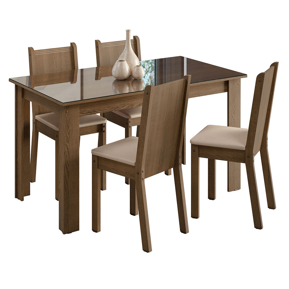 Conjunto Sala de Jantar Mesa Tampo de Vidro 4 Cadeiras Rustic/Sintético Bege Kiara Madesa