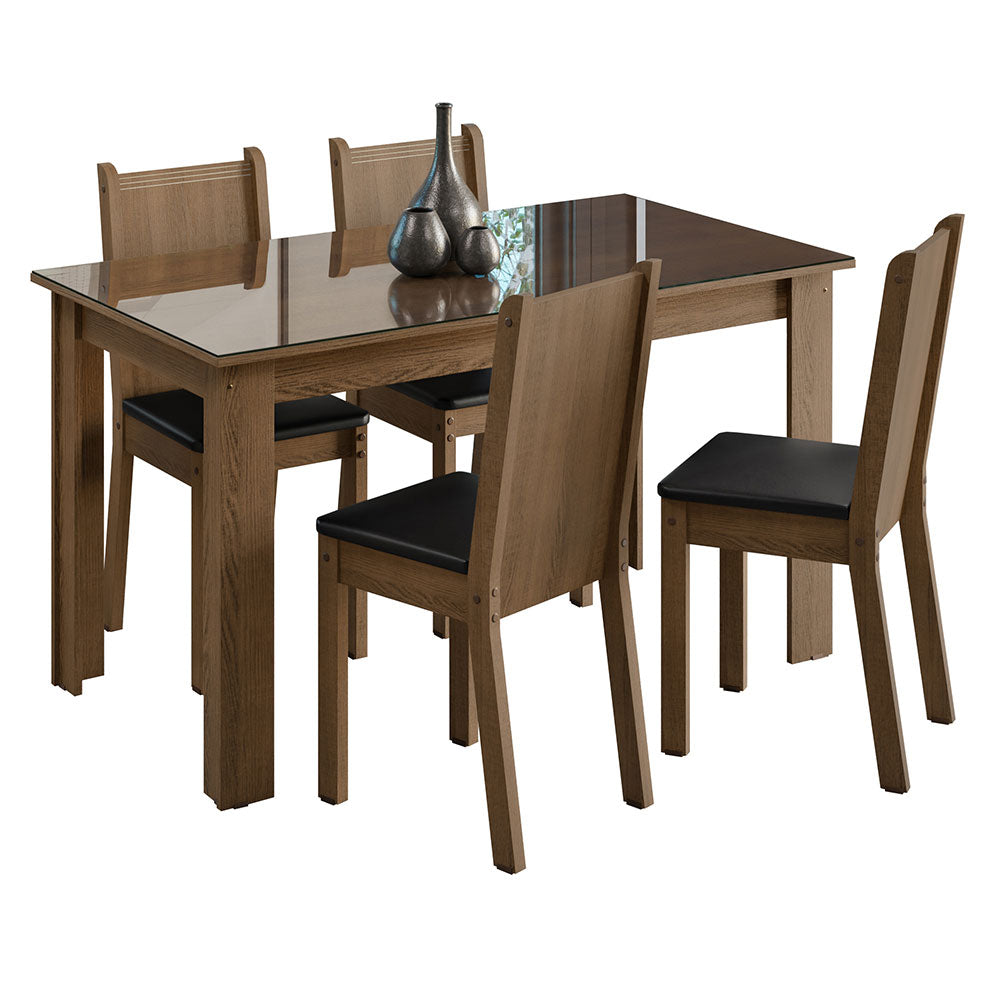 Conjunto Sala de Jantar Mesa Tampo de Vidro 4 Cadeiras Rustic/Sintético Preto Kiara Madesa