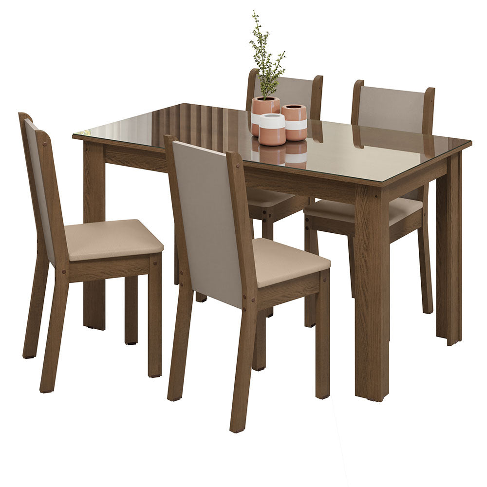 Conjunto Sala de Jantar Mesa Tampo de Vidro 4 Cadeiras Rustic/Crema/Bege Suzy Madesa