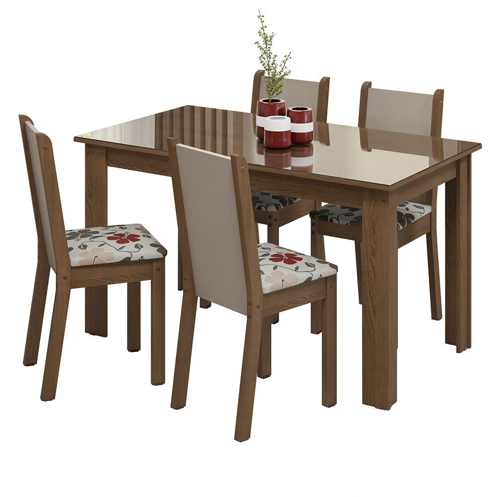 Conjunto Sala de Jantar Mesa Tampo de Vidro 4 Cadeiras Rustic/Crema/Hibiscos Suzy Madesa