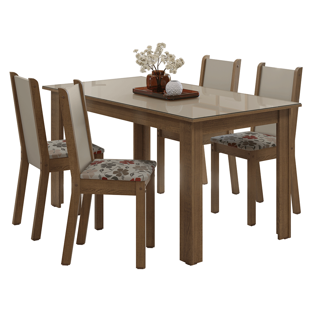 Conjunto Sala de Jantar Magnólia Mesa Tampo de Vidro 4 Cadeiras Rustic/Crema/Floral Hibiscos Madesa
