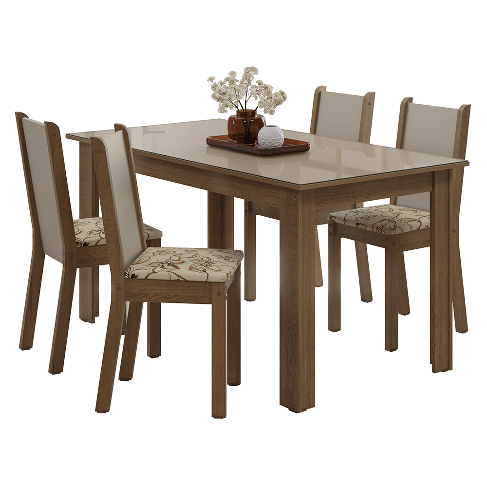 Conjunto Sala de Jantar Magnólia Mesa Tampo de Vidro 4 Cadeiras Rustic/Crema/Lírio Bege Madesa