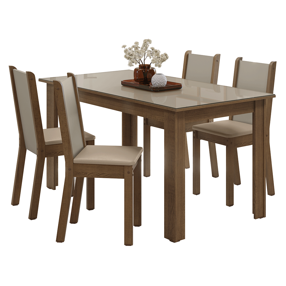 Conjunto Sala de Jantar Magnólia Mesa Tampo de Vidro 4 Cadeiras Rustic/Crema/Sintético Bege Madesa