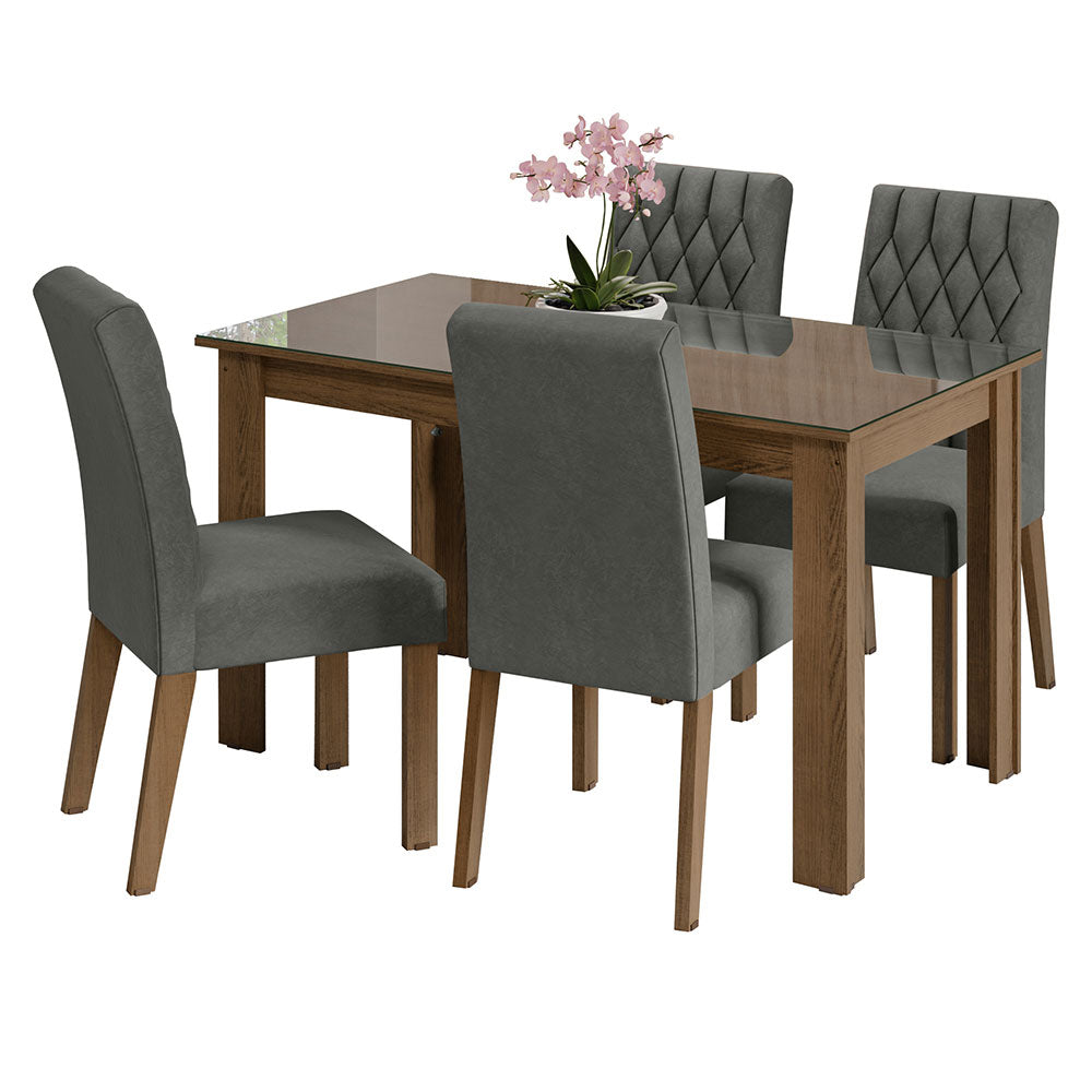 Conjunto Sala de Jantar Mesa Tampo de Vidro 4 Cadeiras Rustic/Silver Celina Madesa