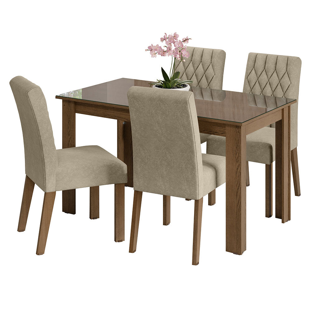 Conjunto Sala de Jantar Mesa Tampo de Vidro 4 Cadeiras Rustic/Imperial Celina Madesa
