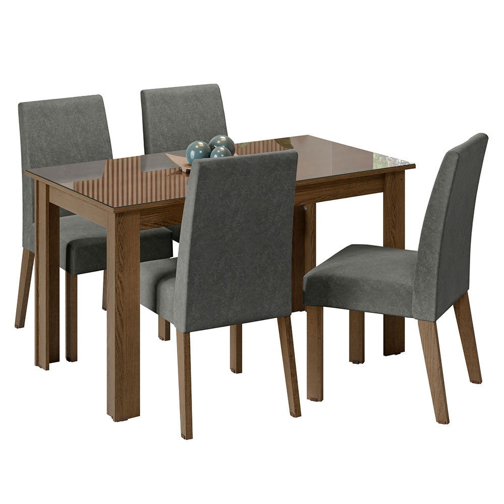 Conjunto Sala de Jantar Mesa Tampo de Vidro 4 Cadeiras Rustic/Silver Antônia Madesa