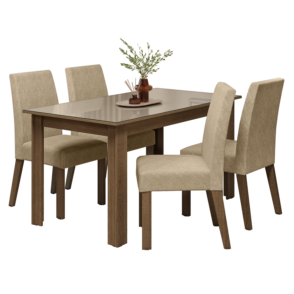 Conjunto Sala de Jantar Ravena Mesa Tampo de Vidro 4 Cadeiras Rustic/Crema/Suede Imperial Madesa