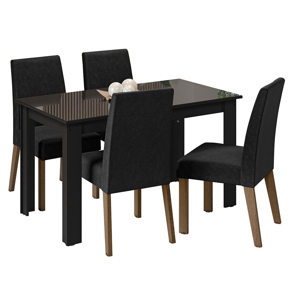 Conjunto Sala de Jantar Mesa Tampo de Vidro 4 Cadeiras Preto/Oxford Antônia Madesa