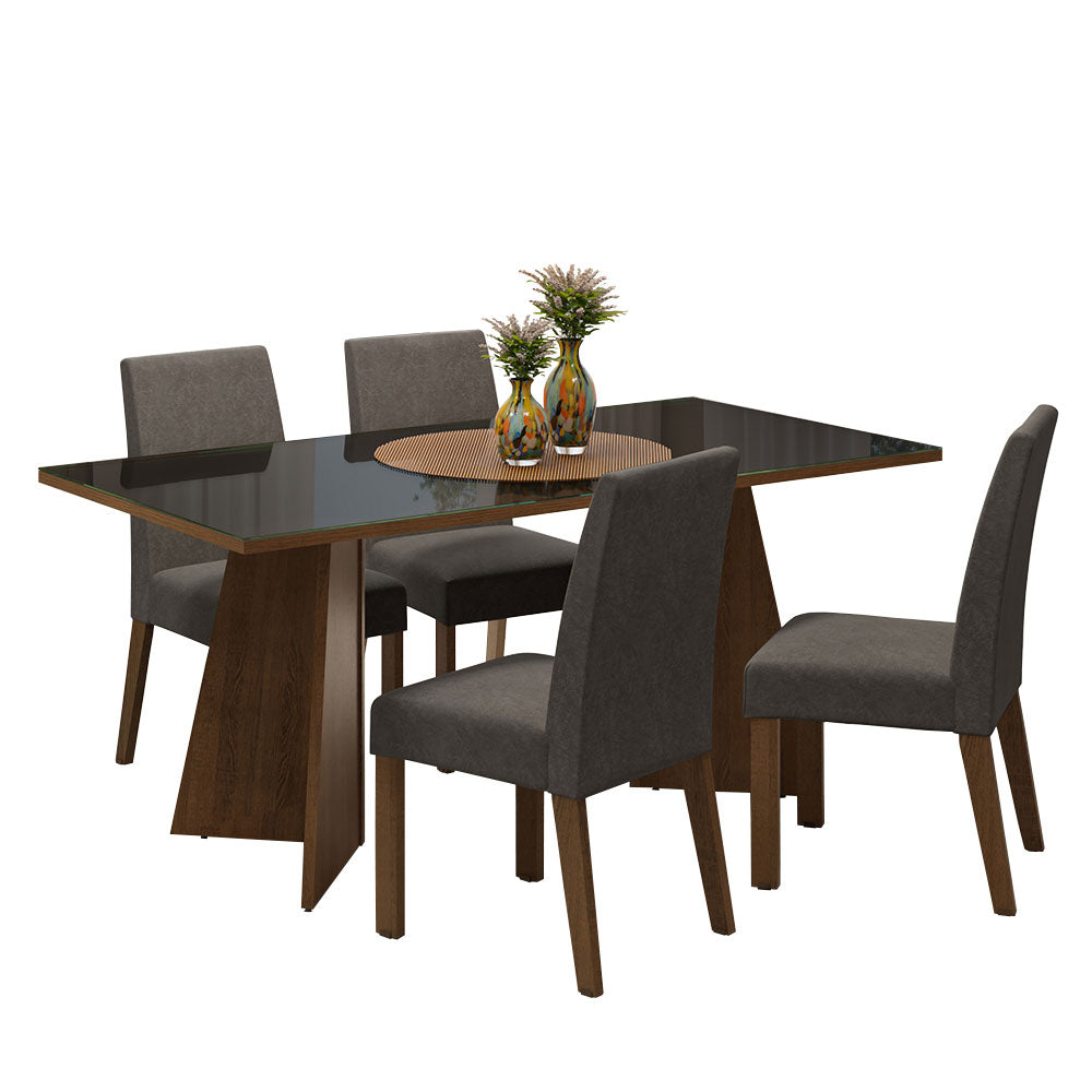 Conjunto Sala de Jantar Mesa Tampo de Vidro 4 Cadeiras Rustic/Preto/Silver Taylor Madesa
