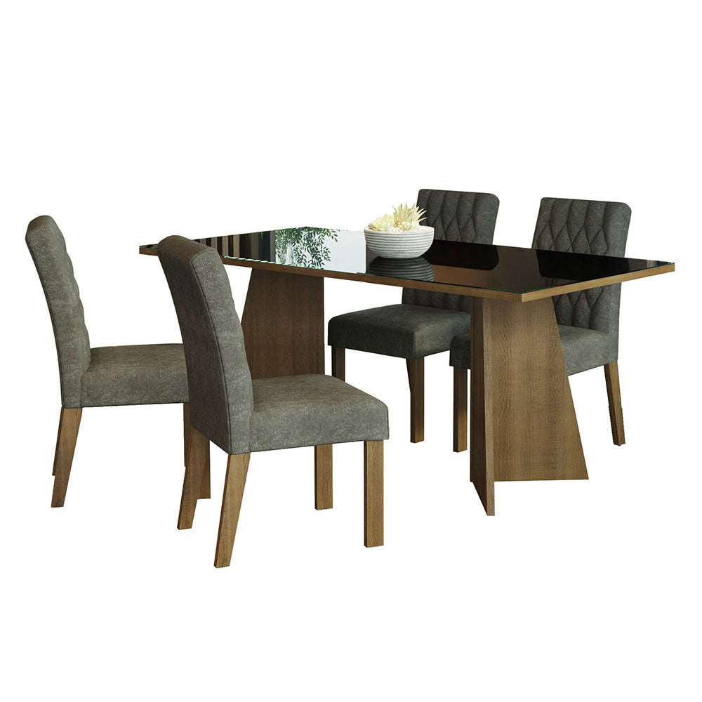 Conjunto Sala de Jantar Mesa Tampo de Vidro 4 Cadeiras Rustic/Preto/Silver Harper Madesa