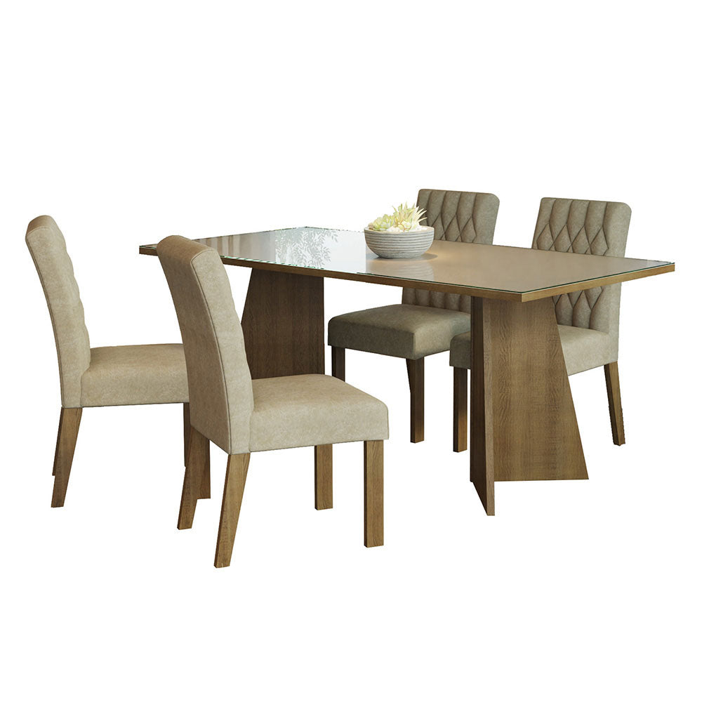 Conjunto Sala de Jantar Mesa Tampo de Vidro 4 Cadeiras Rustic/Crema/Imperial Harper Madesa
