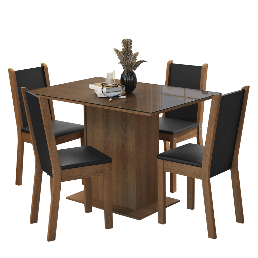 Conjunto Sala de Jantar Mesa Tampo de Vidro 4 Cadeiras Rustic/Preto Martina Madesa
