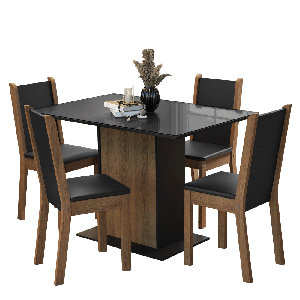 Conjunto Sala de Jantar Mesa Tampo de Vidro 4 Cadeiras Preto/Rustic Martina Madesa