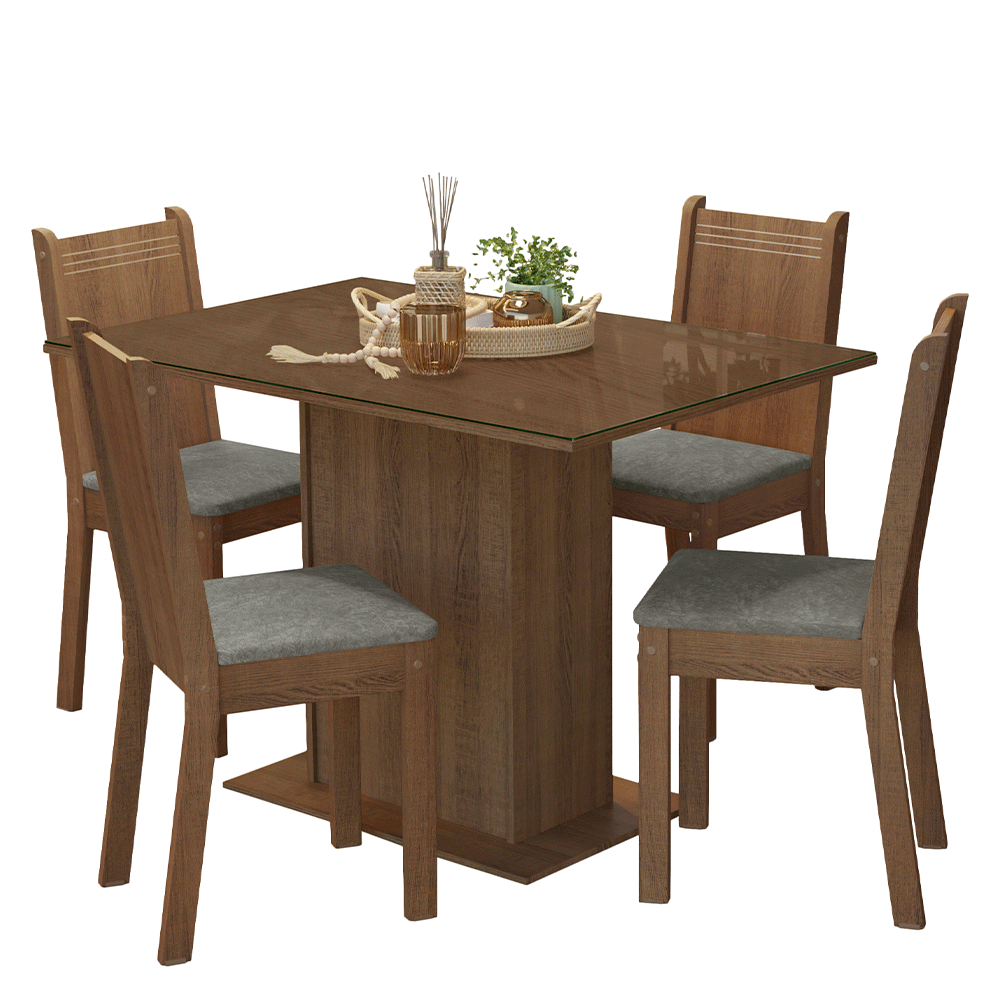Conjunto Sala de Jantar Mesa Tampo de Vidro 4 Cadeiras Rustic/Silver Camélia Madesa