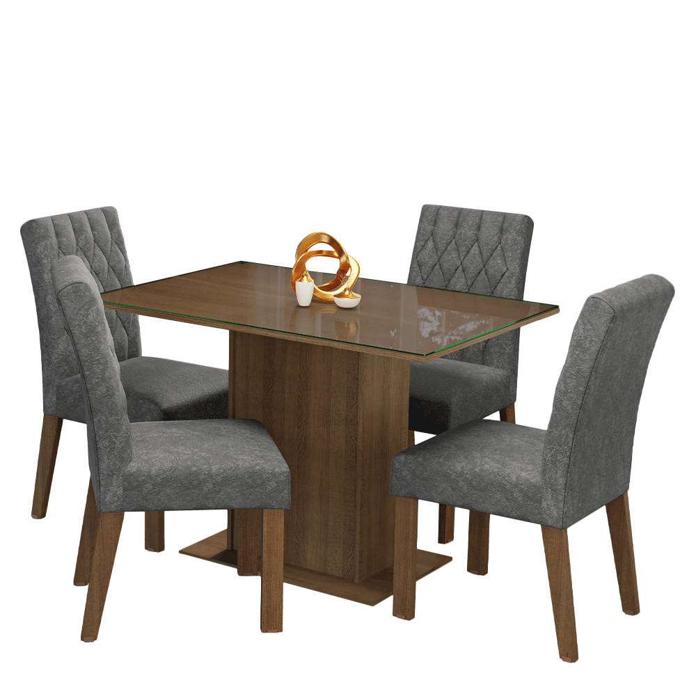 Conjunto Sala de Jantar Mesa Tampo de Vidro 4 Cadeiras Rustic/Silver Reale Madesa