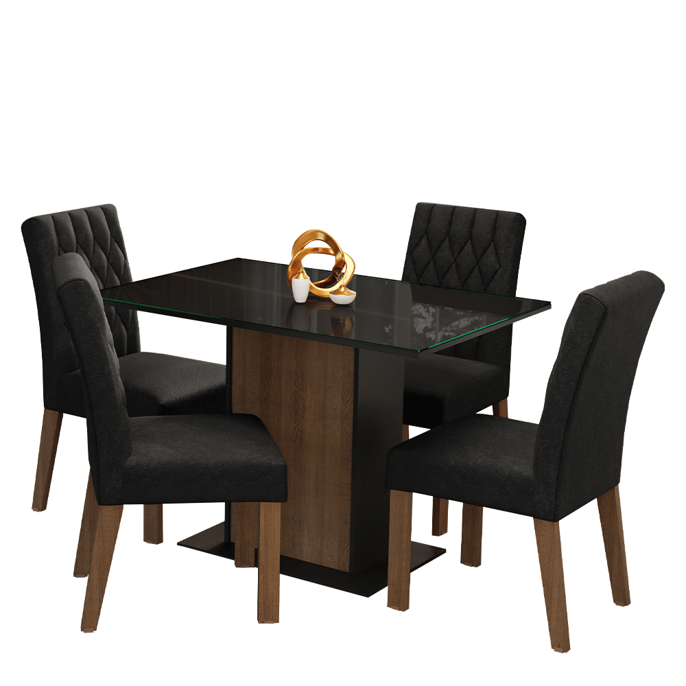 Conjunto Sala de Jantar Mesa Tampo de Vidro 4 Cadeiras Rustic/Preto/Oxford Reale Madesa