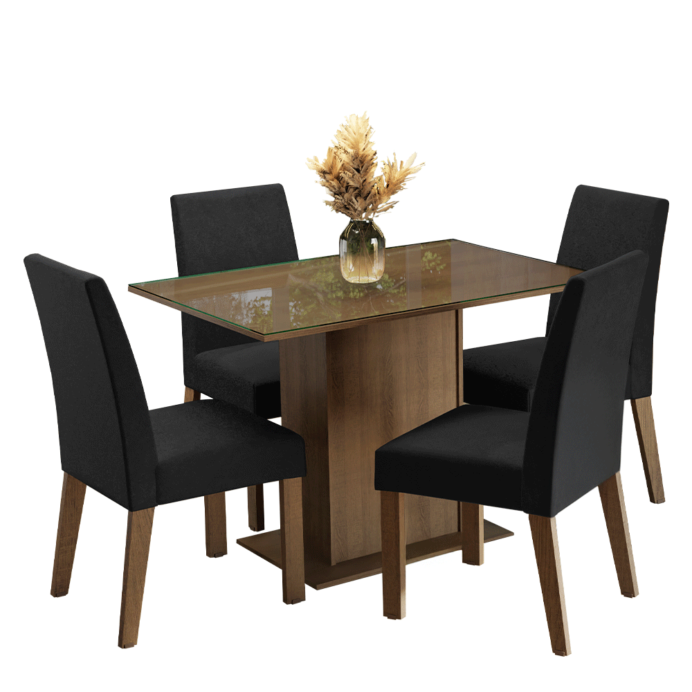 Conjunto Sala de Jantar Mesa Tampo de Vidro 4 Cadeiras Rustic/Oxford Zion Madesa