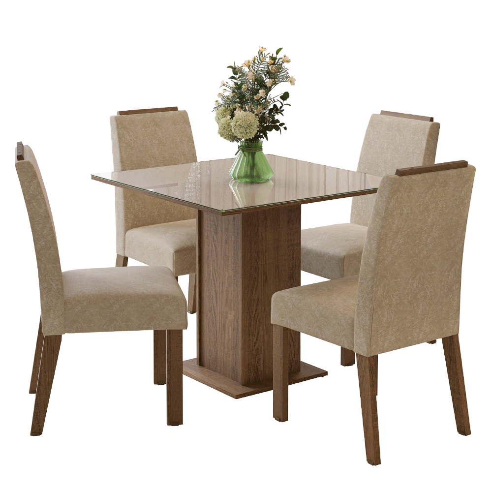 Conjunto Sala de Jantar Tampo de Vidro 4 Cadeiras Rustic/Crema/Imperial Sines Madesa