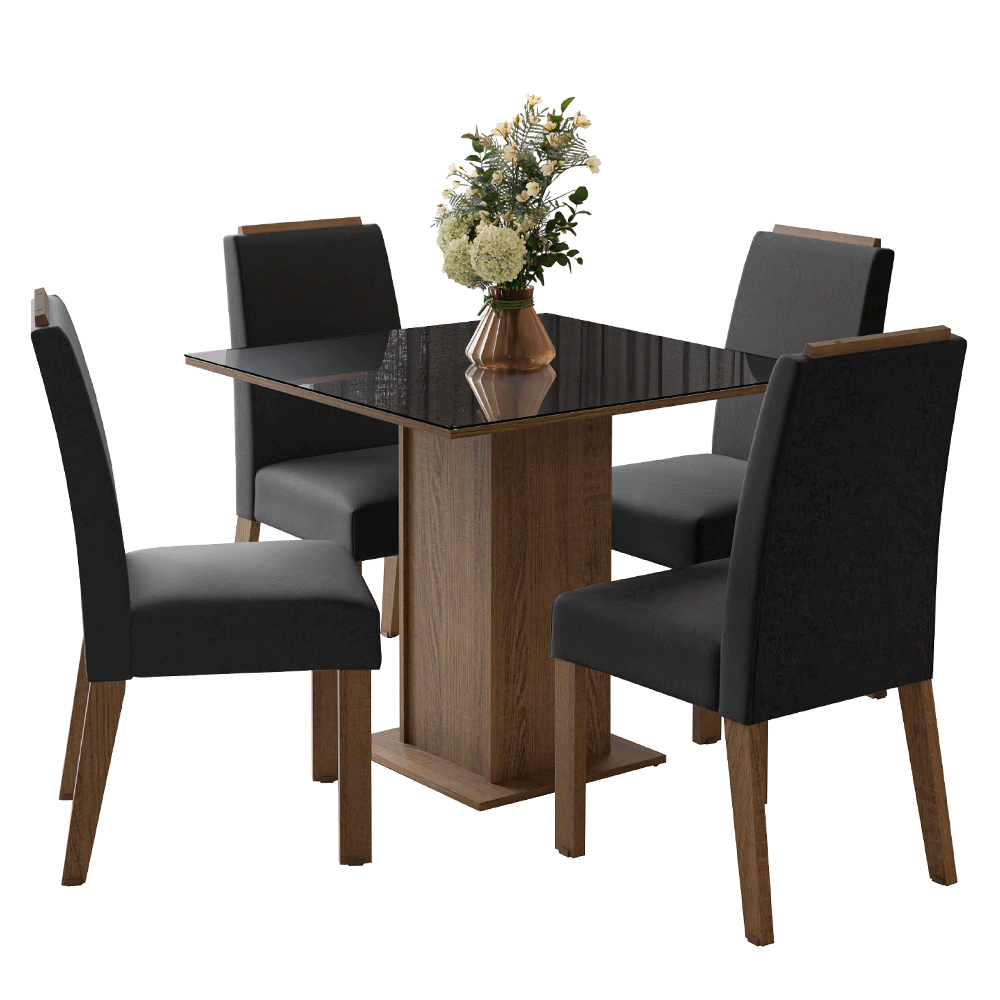 Conjunto Sala de Jantar Tampo de Vidro 4 Cadeiras Rustic/Preto/Oxford Sines Madesa