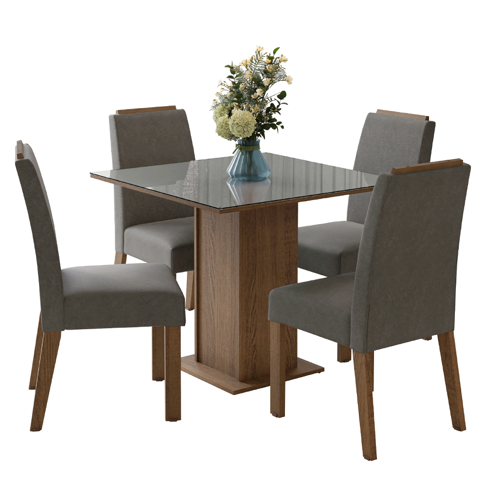 Conjunto Sala de Jantar Tampo de Vidro 4 Cadeiras Rustic/Cinza/Silver Sines Madesa