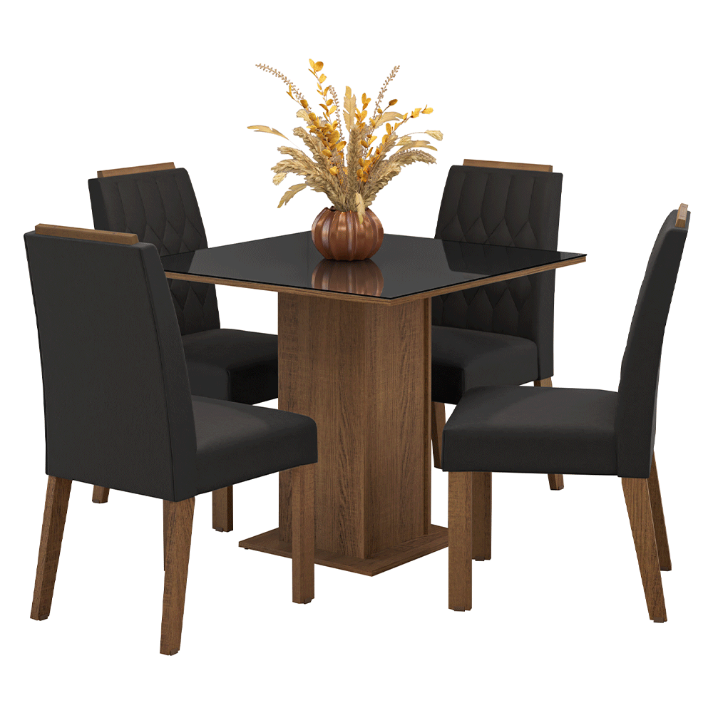 Conjunto Sala de Jantar Tampo de Vidro 4 Cadeiras Rustic/Preto/Oxford Capri Madesa